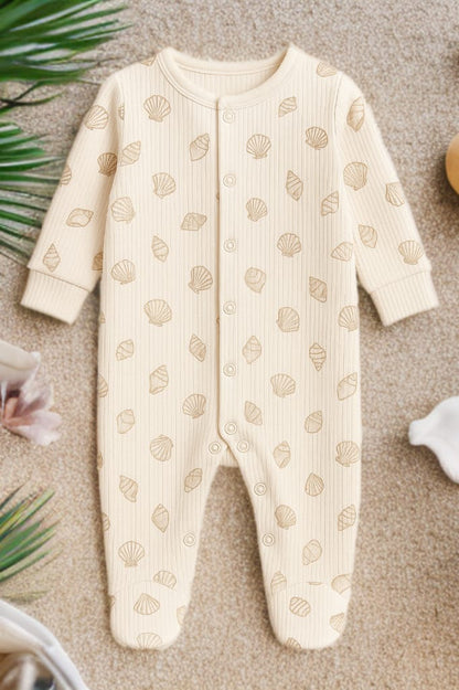 "Nuage de Coquillages" Bamboo Ribbed Sleepsuit - Cream