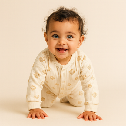 "Nuage de Coquillages" Bamboo Ribbed Sleepsuit - Cream