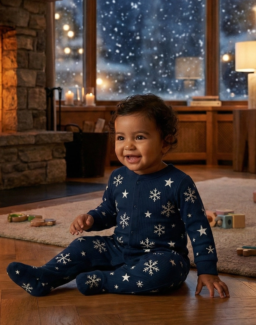 "Nuit d'hiver" Bamboo Ribbed Sleepsuit (Navy Blue)