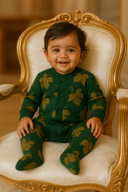 "Printemps doré" Bamboo Ribbed Sleepsuit (Emerald)